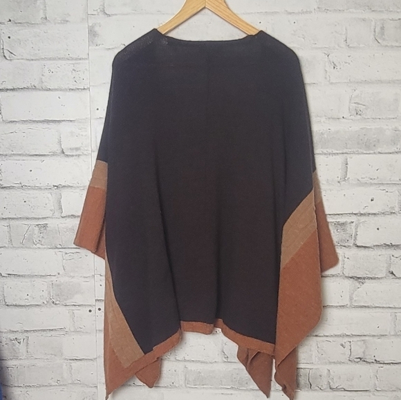 Corti Italy Wool Blend Poncho Cardigan One Size Brown Black Open Front Wrap - Picture 3 of 11
